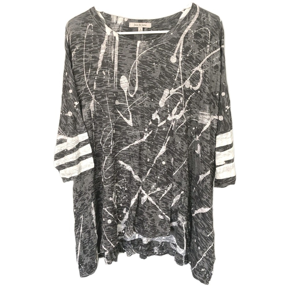Jess & Jane Tunic Top Women L Gray Abstract Stripe 3/4 Sleeve Artsy Knit USA EUC